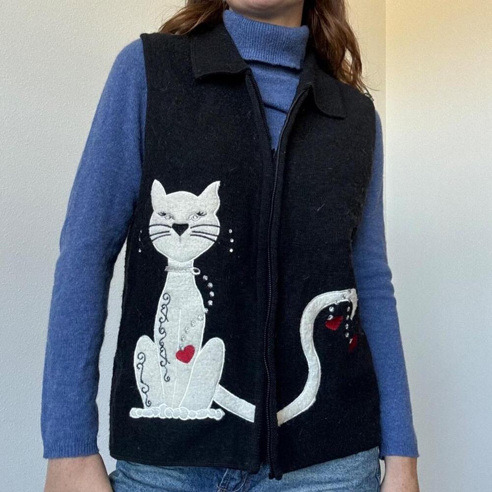 Vintage 90s wool cat embroidered vest